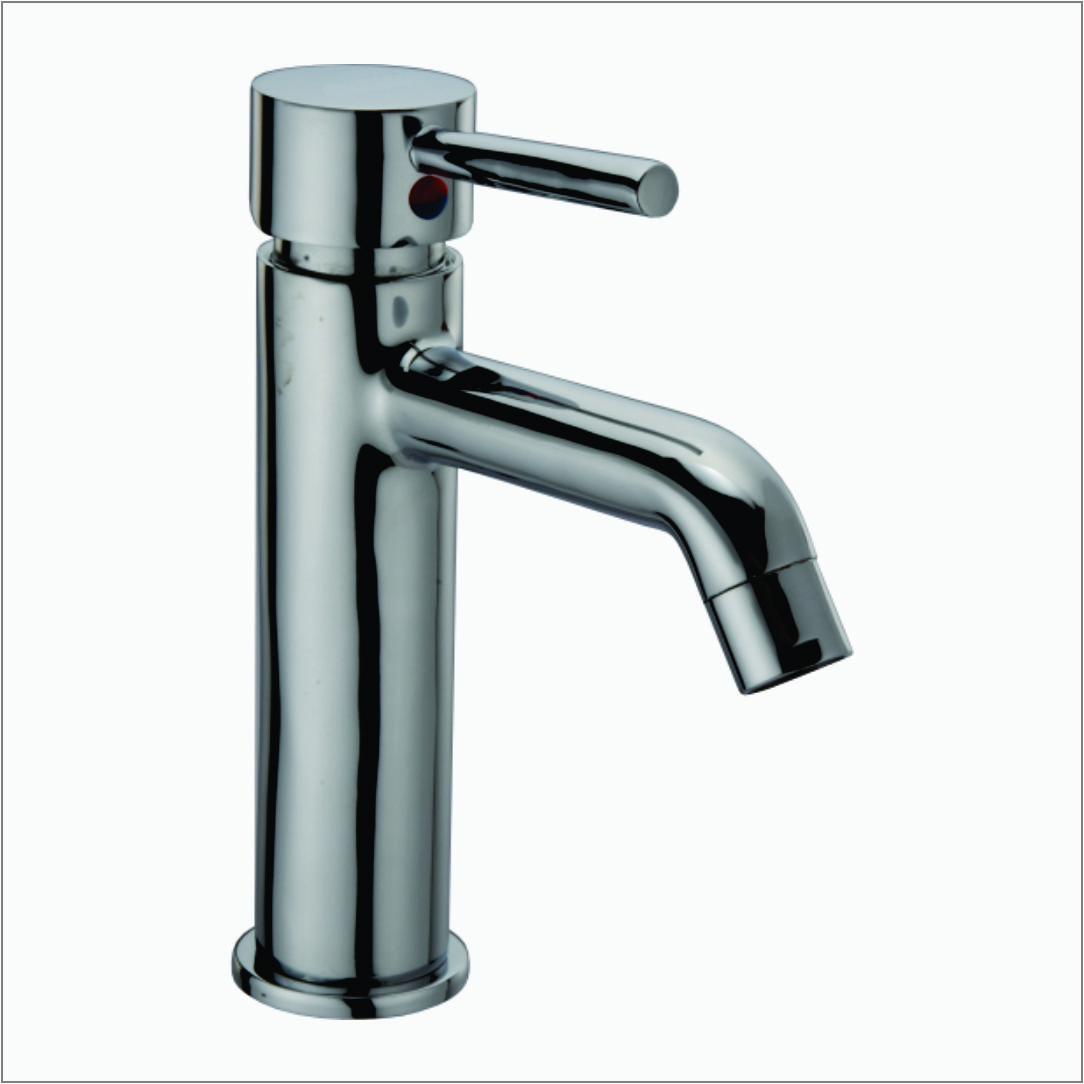 Ergonomic basin mixer for washbasin with smooth handle control.